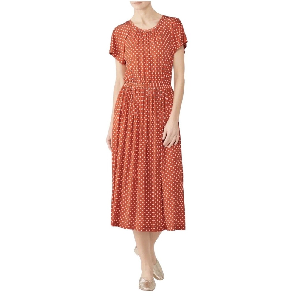 Stine Goya Caitlin Dress Women XS Orange Polka Dot Pleated Midi Boho Retro